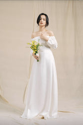 Off-Shoulder Silk Dress with Long Sleeves and Flared Hem for Elegant Formal Occasions